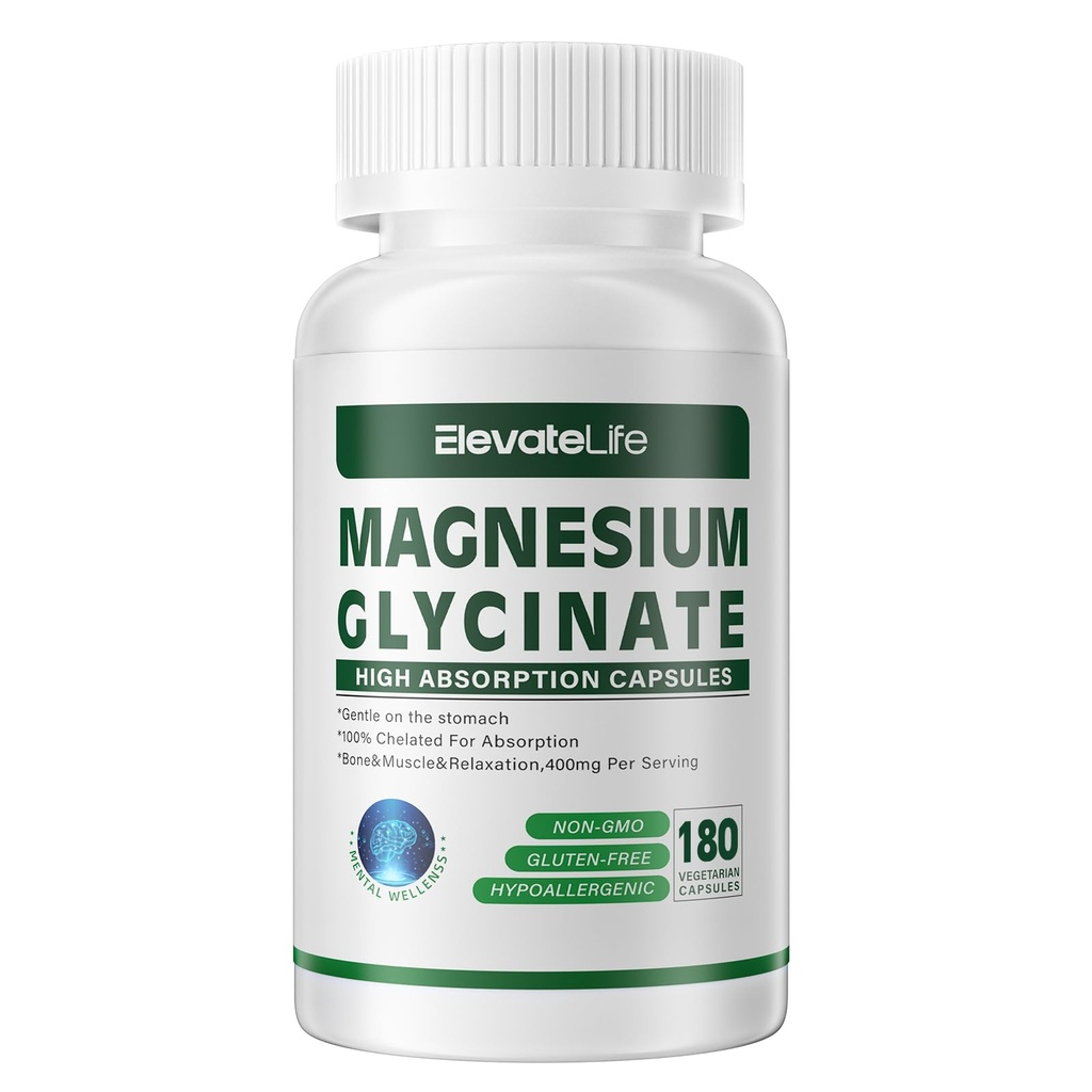 Magnesium Glycinate 400 MG per Serving 100% Chelated for High Absorption, Gentle On Stomach, Non-GMO, 180 Vegetarian Capsules
