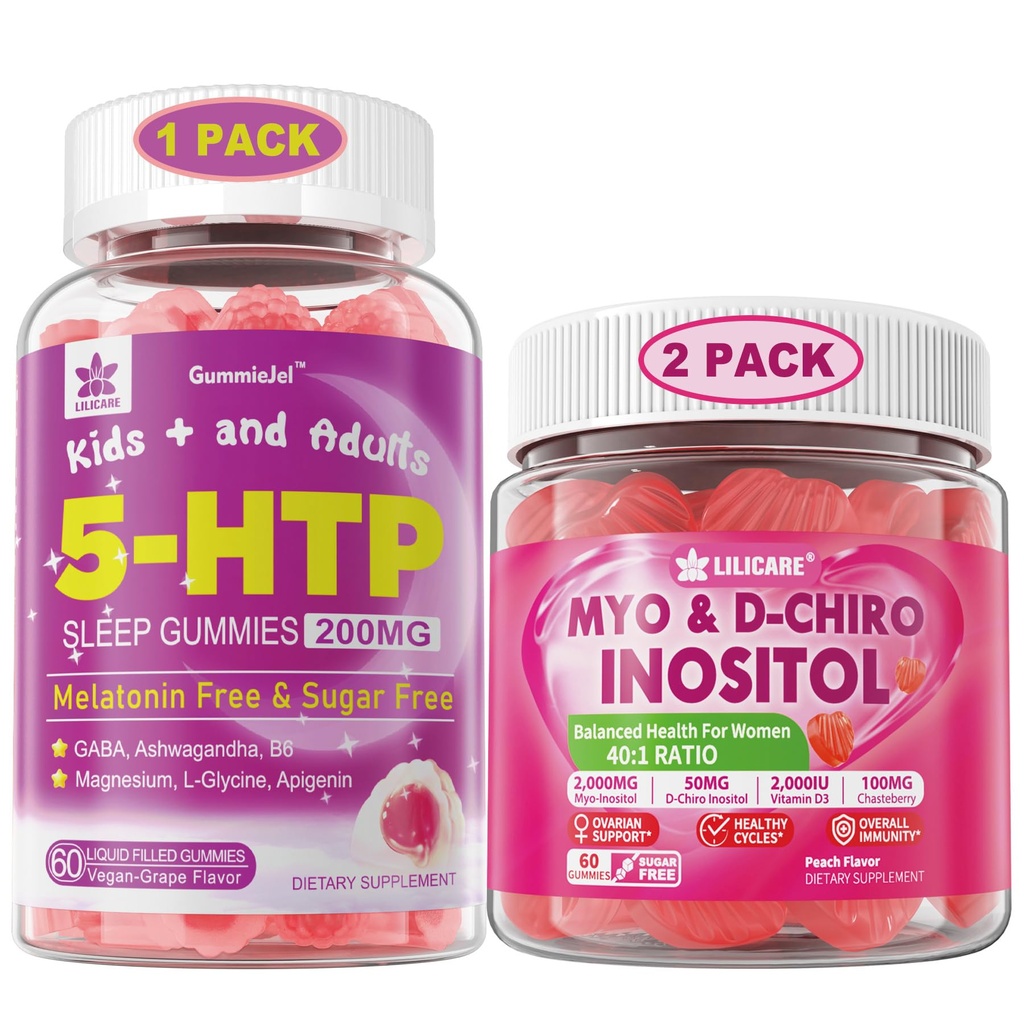 LLIICARE Bundle: 5 HTP Gummies with Magnesium Glycinate - Melonain Free Sleep Gummies for Dewata & Anak-anak & & & Inositol Gummies