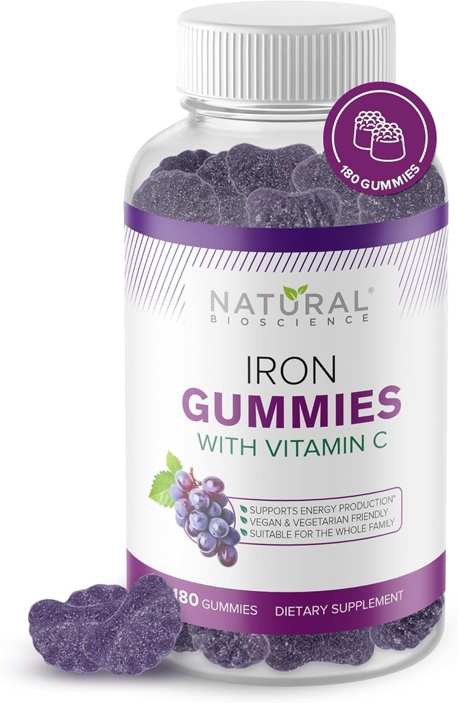 Iron Gummies with Vitamin C - Chewable Iron Suppplement for Iron Defisiency Anemia, Red Blood Cell, Energy, Ammune Fungsi, Kesehatan Otak, Max Absorpsi, Grape Flavor, 180 Vegan Gummies
