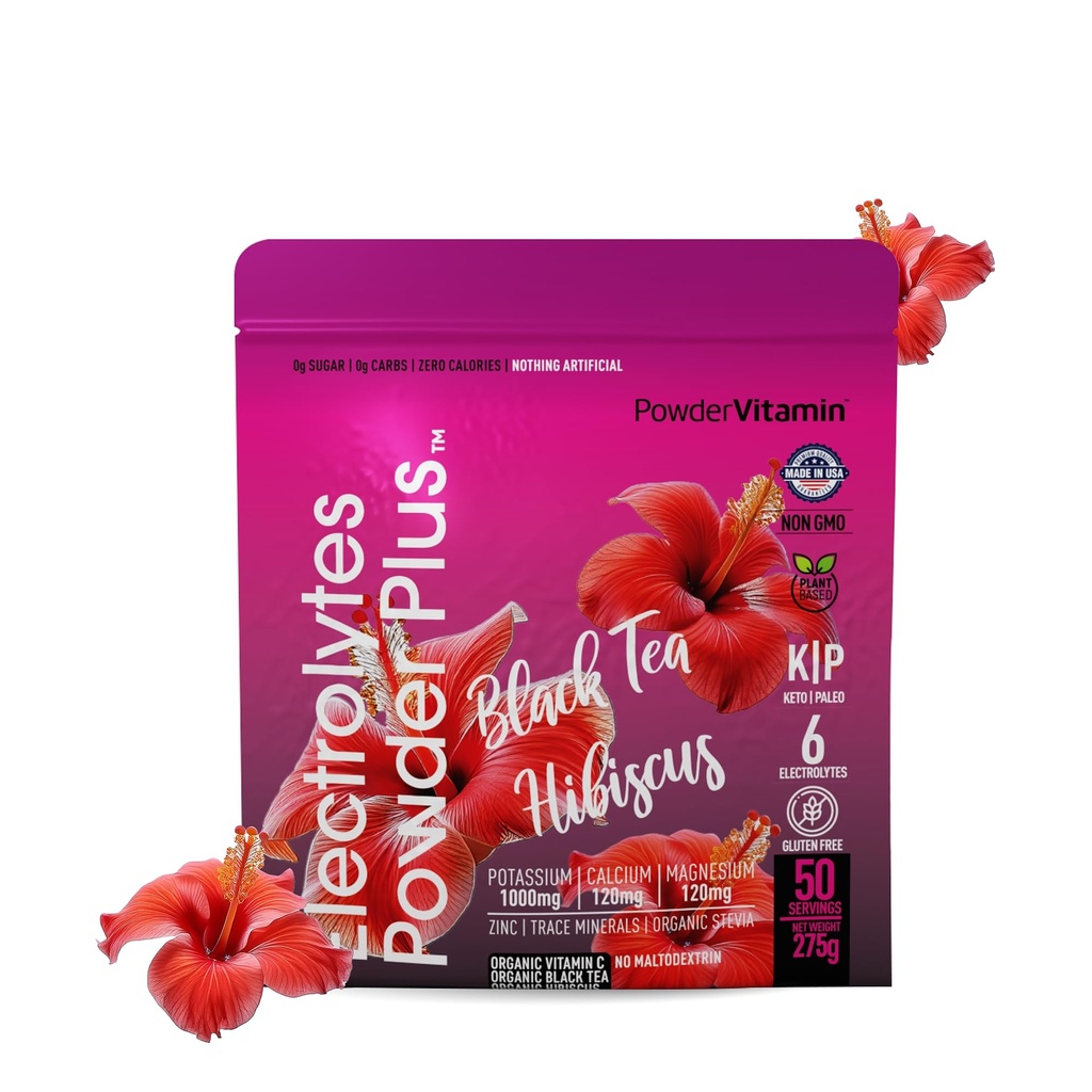 PowderVitamin Electrolytes Powder Plus (50 pelayan) Black Tea Hibiscus Electrolite Powder Keto, Sugar Free, Pink Himalaya Salt, 1000mg Potasium, 120 mg Calcium, 120mg Magnesium, Hidration Powder