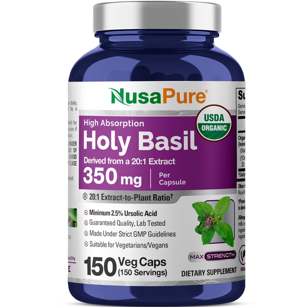 NusaPure USDA Organic Basil Capsules Suci 20: 1 Ekstrak, 350 mg Equilial terhadap 7000mg 124; 150 Vegan Caps 12.4; Tulsi Kudus Basil Leact 124; 2,5% Ursolic Actic Acid 126; Non-GMO