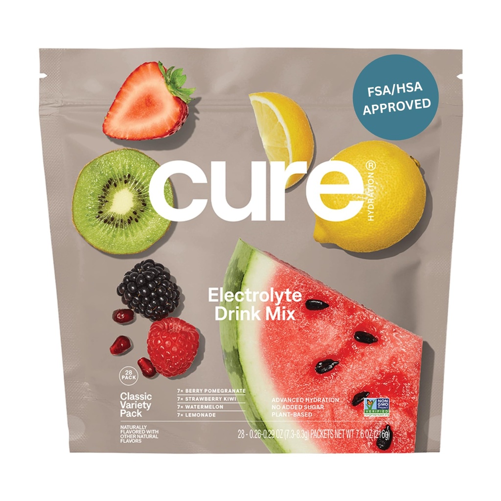 Cure Hidration 14; Plant-Based Electrolyte Drink Mix 124; No Added Sugar 14; FSA-HSA 124; Dehidrention Relief Powder Made with Coconut Water 124; Non-GMO 124; Vegan 124; 28 Pack