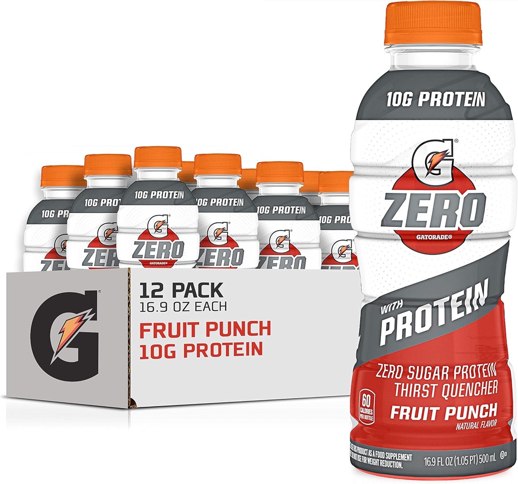 Gatorade Zero With Protein, 10g Whey Protein Isolate, Zero Sugar, Electrolite, Fruit Punch, 16,9 Fl Oz, 12 Pack
