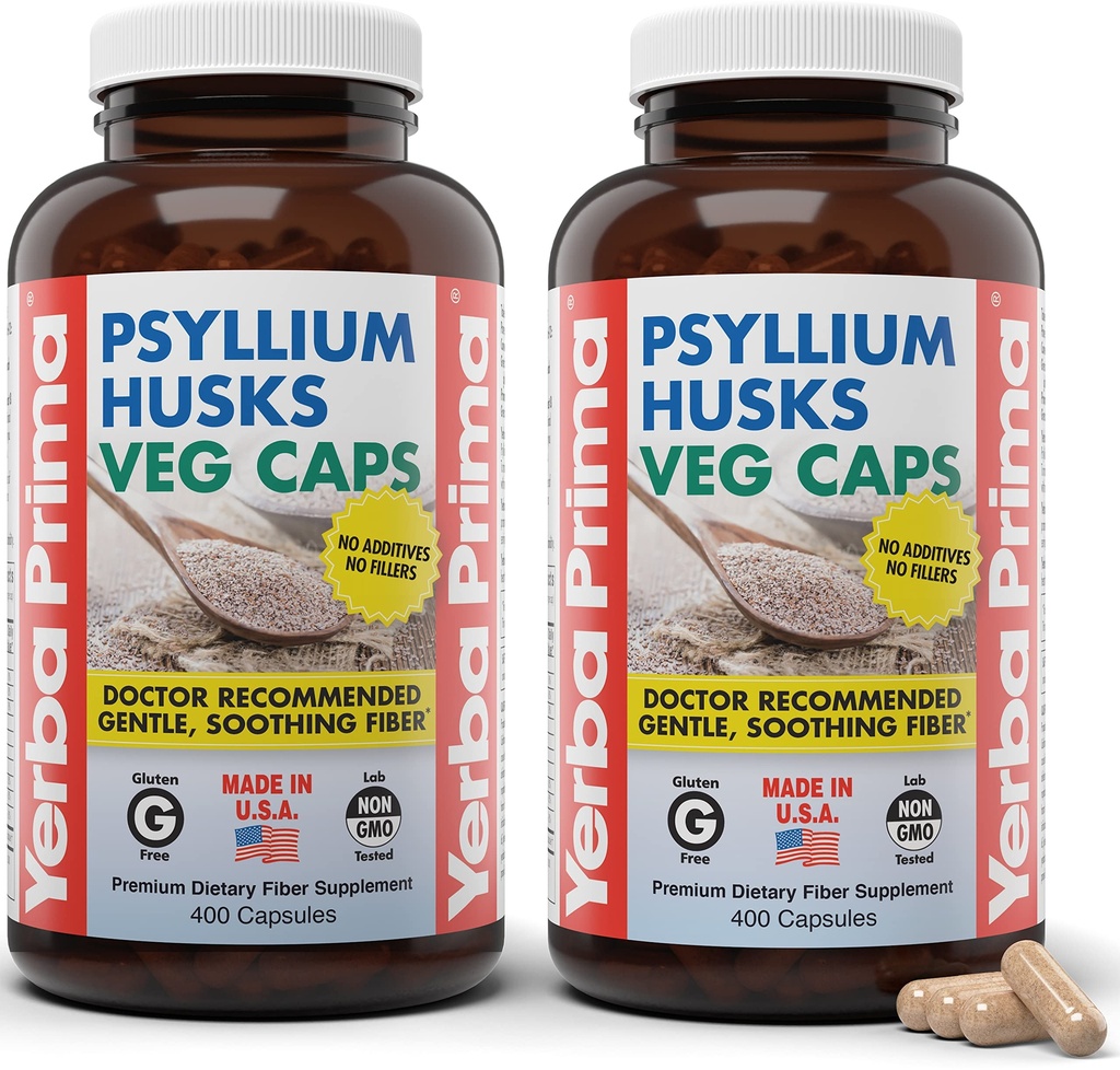 Yerba Prima Psyllium Husks Veg Caps, 400 Capsules (625mg) - Vegan, Non-GMO, Gluten Free, Colon Cleanser, Daily Fiber Suplemen untuk Kesehatan Gut & Regularitas