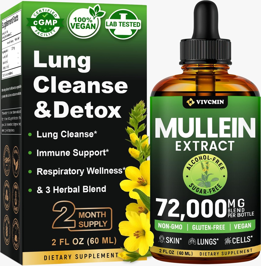 Mulein Drops for Lungs, 3-in- 1 Mullein Extract Leaf for Lungs Health, Herbal Respiration Lung Health Supplemen, Dukung Wellness Imune & Digetical, Sugar & Alcohol- Free - 2 FL OZ