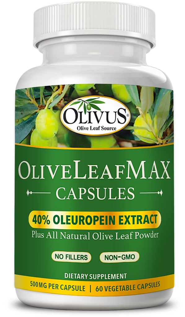 OliveLeafMAX Olive Leaf Extract (40% Oleuroepin) + Organic Olive Leaf Powder + No Fillers + 60 Vegetarian Capsules + Sourced from Spain and Manufacered in USA at GMP Facility