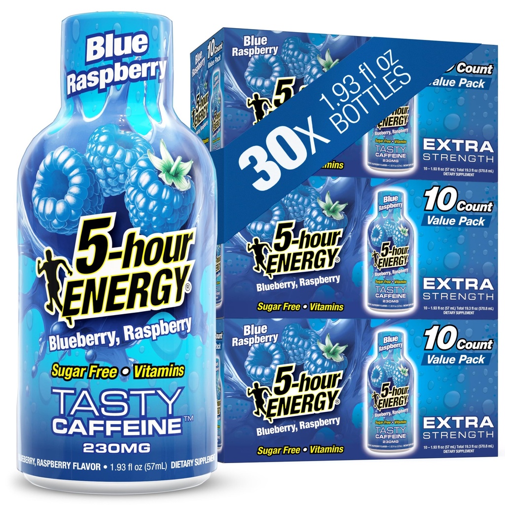 5- hour ENERGY Shots Extract Energy, Blue Raspberry Flavor, 30 Count, 1.93 Fl Oz, Sugar Free, Zero Calories, Amino Acids dan Escion B Vitamin, Dietary Suppliment, Feel Alert dan Energized, 230 mg Caffeine