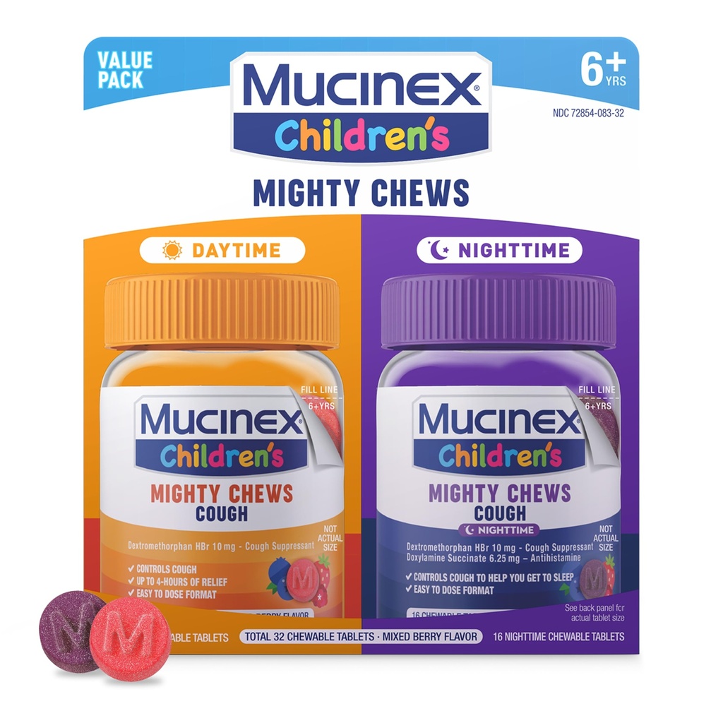 Mucinex Children 's Mighty Chews Kids Cough Medicine and Nighttime Value Pack, Easy to Dose Cough Supressant for Kids with Dextremethorphan, Mixed Berry Flavor, 32 Medicted Chelable Tablets