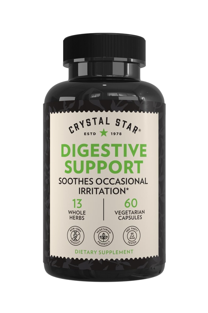Crystal Star Digetical Supplement (60 Kapsul) - Herbal Gut Health Suplement That Helping with Occational Gas & Bloating - Peppermint, Aloe Vera, Slippery Elm & Ginger - Non-GMO