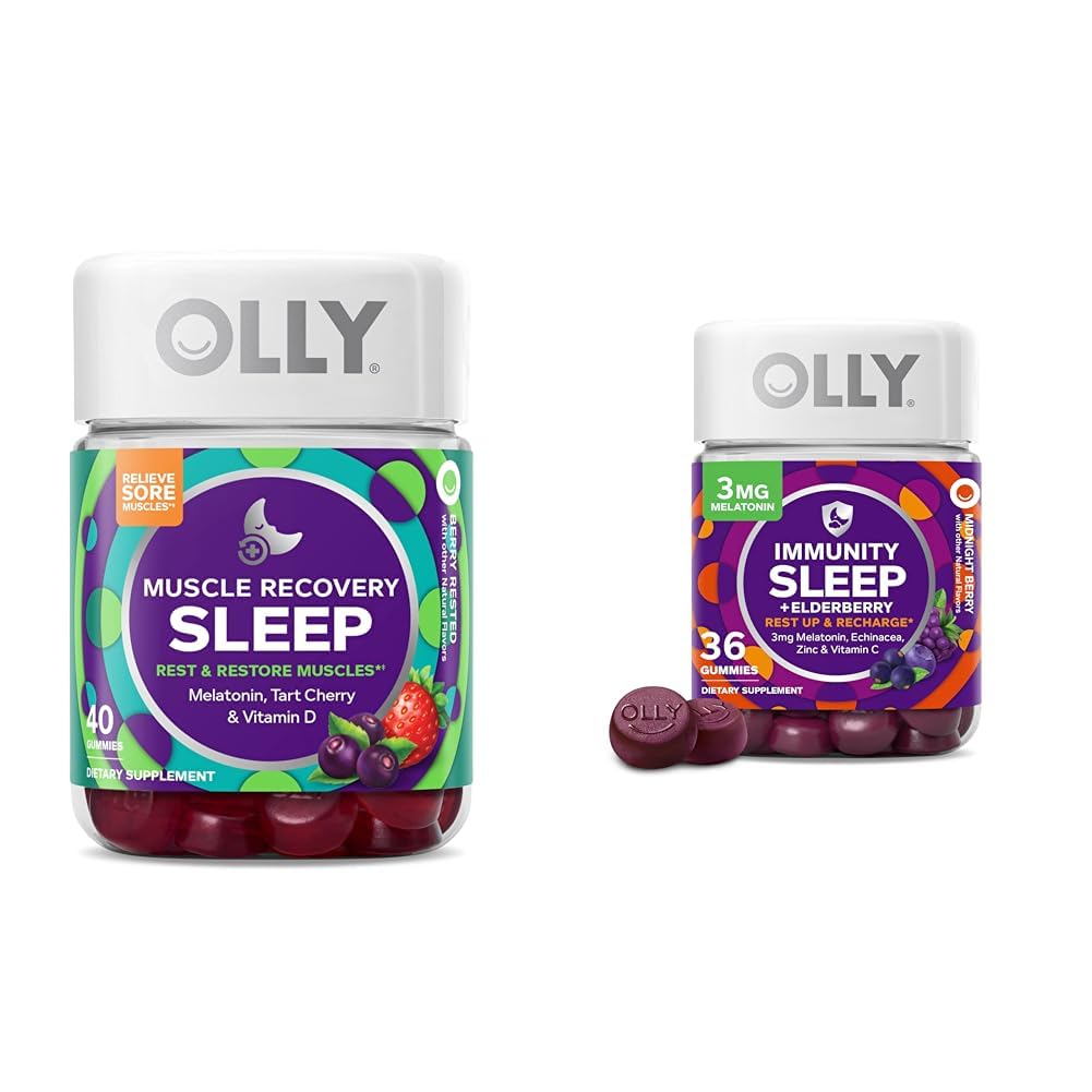 OLLY Muscle Recovery Sleep Gummies, 40 Count Immunity Sleep Melonatin Gummy, 36 Count Bundle