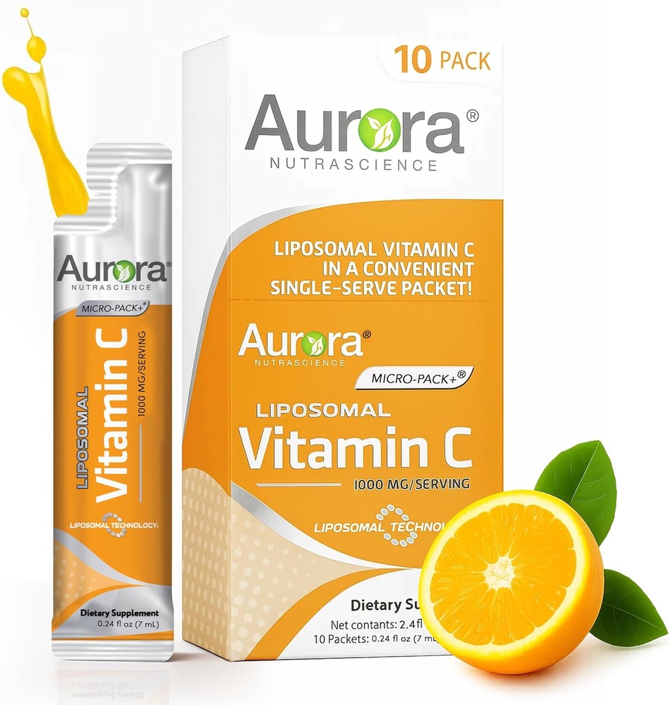 Aurora Nutrascience Micro-Pack Lipomal Vitamin C, Imune Dukungan, 1.000 mg Per Serving, Vegan, Gluten Free, Non-GMO, 10 Single Serve Packets, Orange