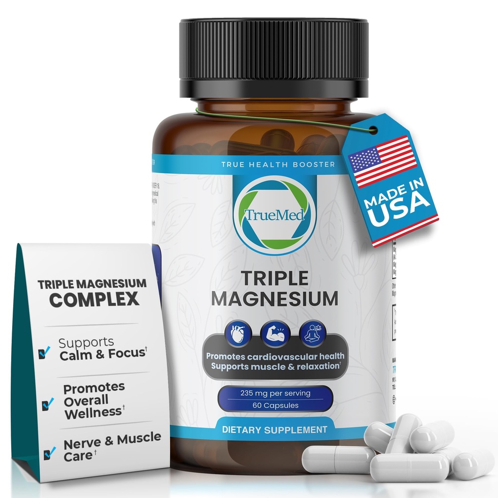 Triple Magnesium Suplemen, 235mg, Dimagnesium Malate, Citrate, Lysinate Chelate, 60 Kapsules, Support Sleep, Relaxation Muscle, Bone & Heart Health, Energy & Nerve Fungsi, USA Made