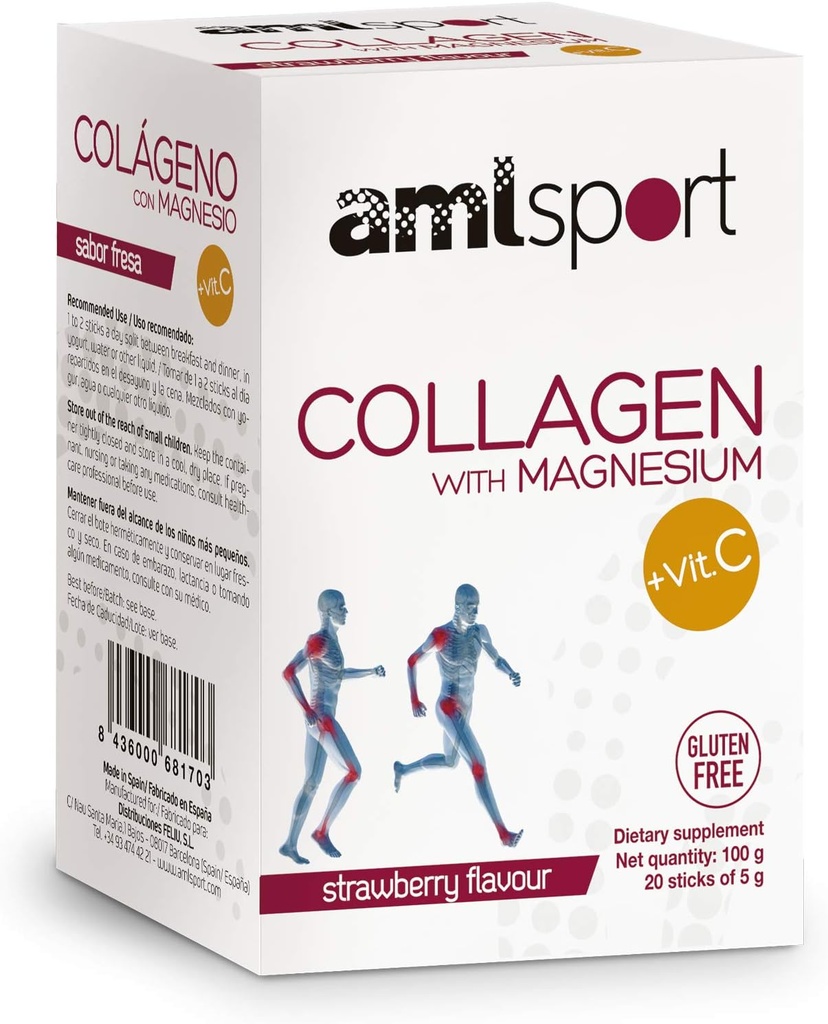 AML Sport - Collagen dengan Magnesium dengan Vitamin C Sticks - Strawberry Flavour - Travel Pack -20 Sticks. Collagen Hidrolized. Dairy, Gluten dan Sugar Free.