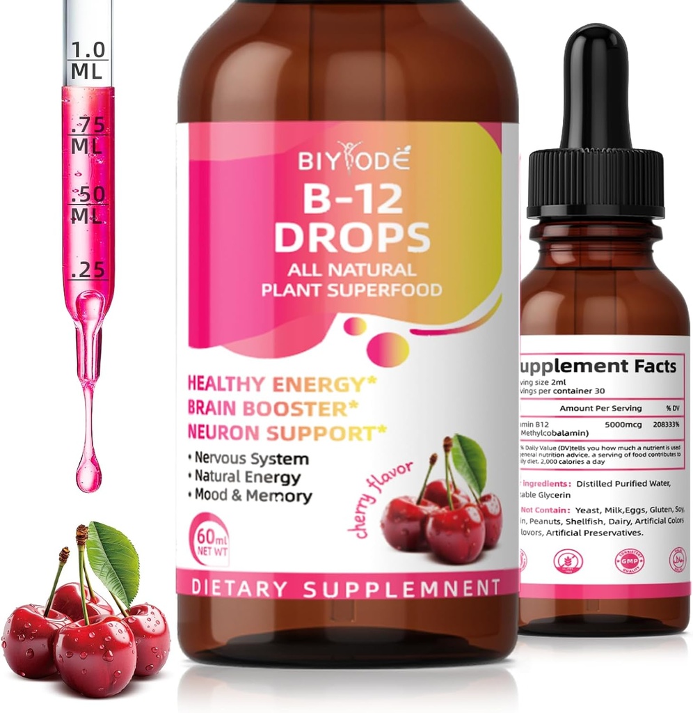 Vitamin B12 5000 mcg Liquid Drops All Natural Plant Superfood Healthy Energy Booster Neuron Dukung Nervous System Natural Energy Mood Memory 60ml Net Wt Cherry Flavor