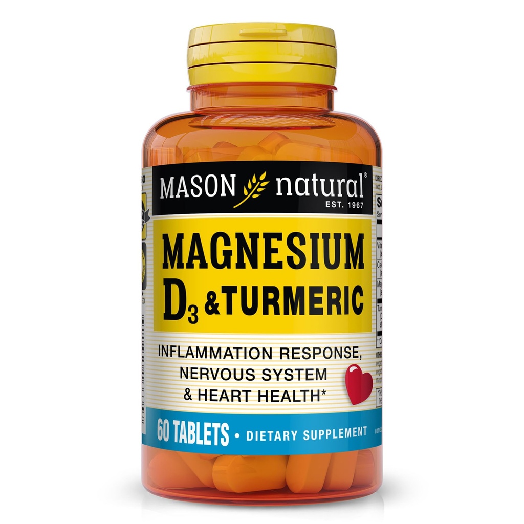 MASON NATURAL Magnesium & Vitamin D3 dengan Turmeric, 60 Day Suppply Dietary Suplemen dengan 500 mg Magnesium, 3000 IU Vitamin D3, dan 150 mg Turmeric