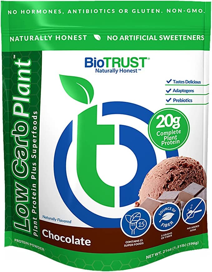 BioTrust Low Carb Plant, Delicious, Creamy, 20 Grams of Clean, Complete, Plants-Based Protein, 5 Grams Fiber, 15 Superfoods, Digeptical Enzymes, Vegan, Dairy- Free - 14 Servings (Coklat)