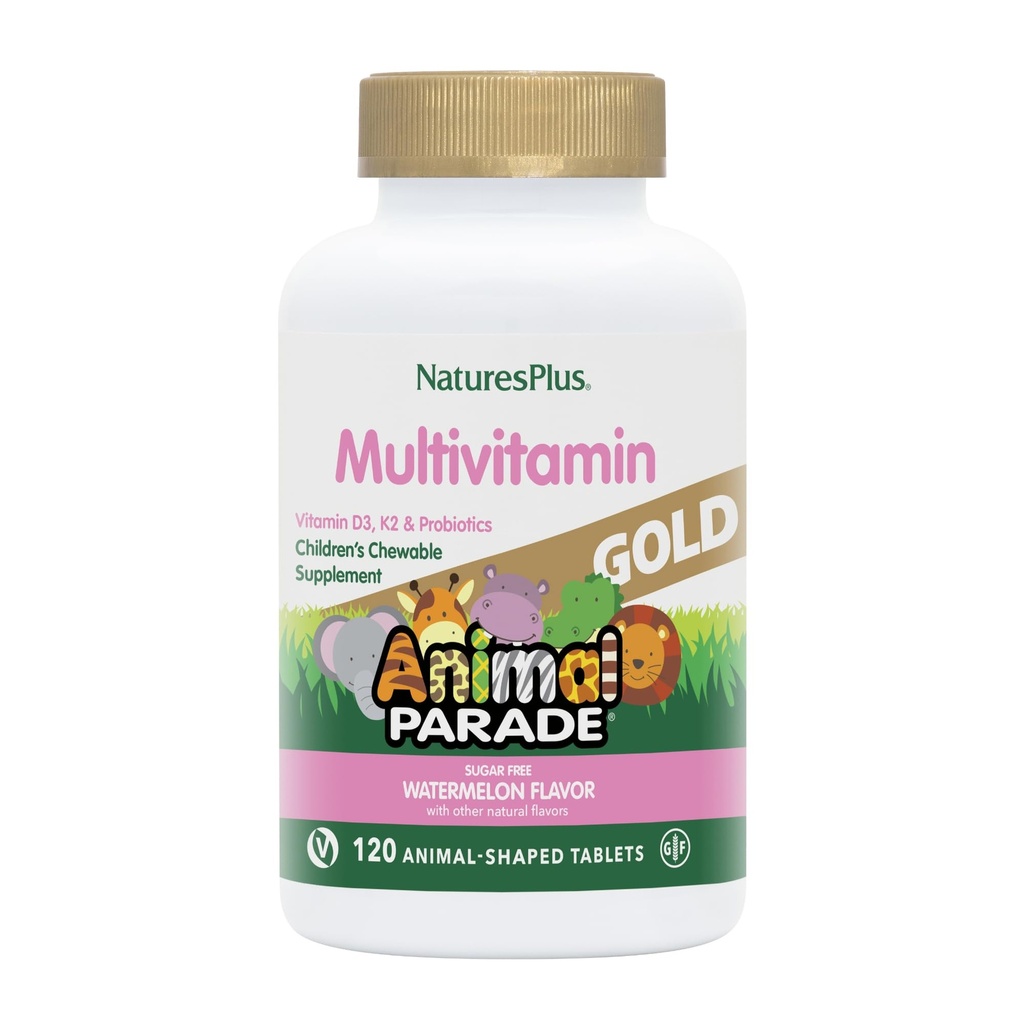 Natuture Plus Animal Parade Gold Multivitamin Children 's Chewables - Watermelon Flavor - 120 Animall-Shaped Tablet - Vitamin D3, K2 & Program- Vegan, Gluten Free - 60 Total Servings