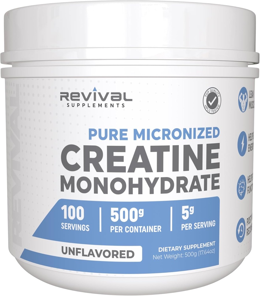 Revival Premium Misronized Creatine Monohydrate - HPLC Tested 100% Pure Grade - 500g (100 Servings) - Mendukung Lean Muscle Growth - Maksimum Absorpsi - Tanpa Rasa - Dibuat di USA & 3rd Party Lab Tested