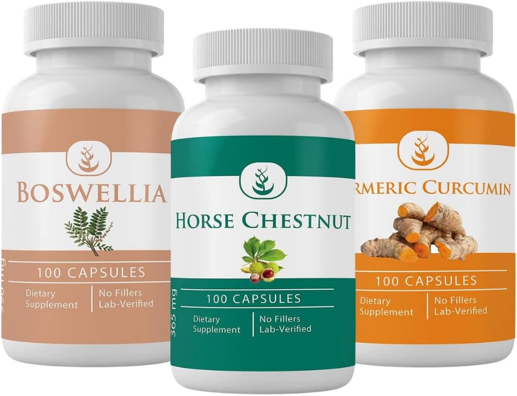 PURE ORIGINAL INGREDIENTS Horse Chestnut, Boswellia, and Turmeriic Capsule Bundle, 100 Capsules Each, Always Pure, No Addittions or Fillers