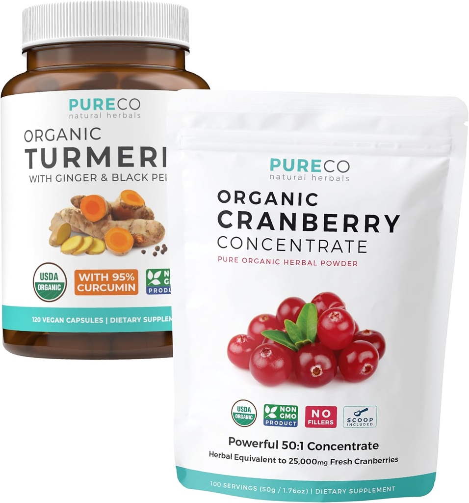 Sumbu Turmeric & Cranberry (3- Month Suply) Berry Turmeric Blend Bundle of Organic Turmeric Curcumin with Black Pepper & Ginger (120 Caps) & Organic Cranberry Comcender Extract (100 Scoop)
