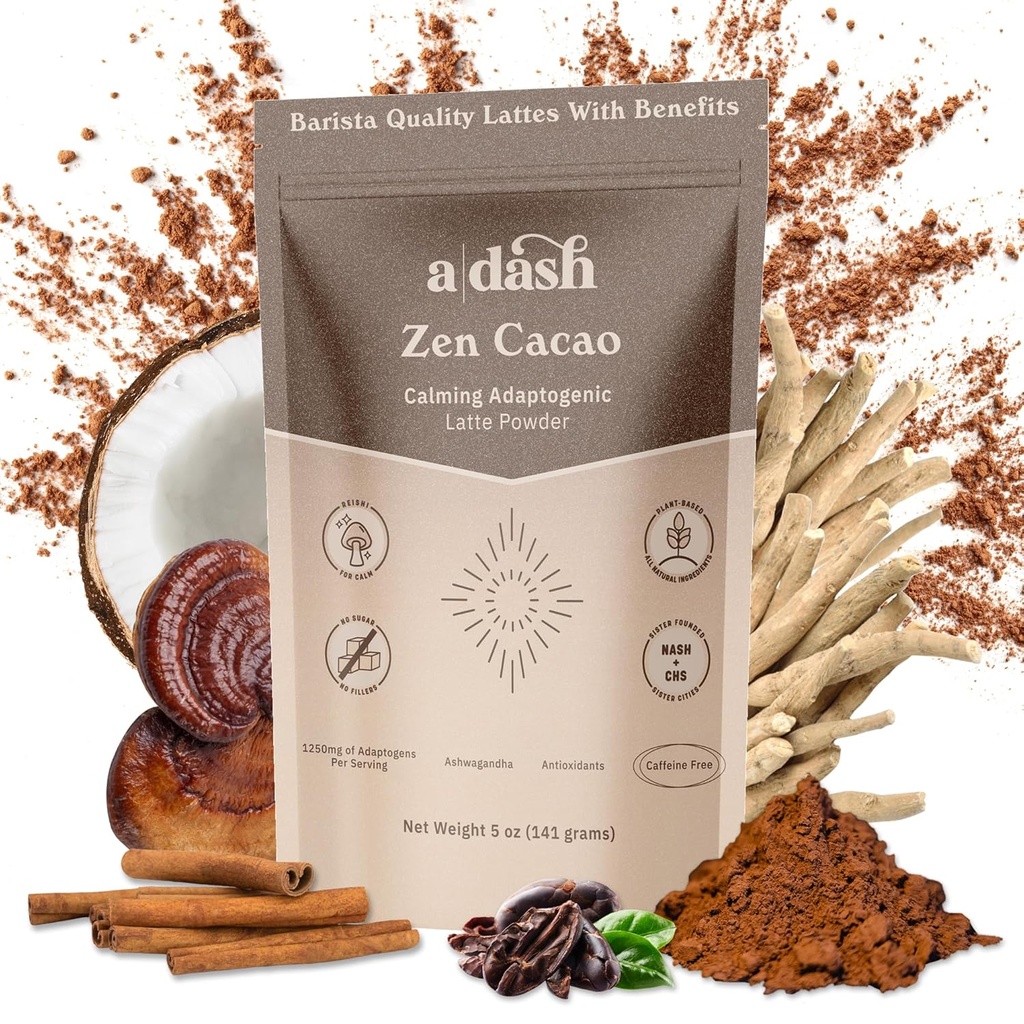 A Dash Zen Cacao Latte, Chocolate Mushroom Coffee Alternative Made with Adaptogens, Ashwagandha, & Cinnamon Root Extract, Mushroom Hot Coco dengan No Caffeine (20 Pelayan)
