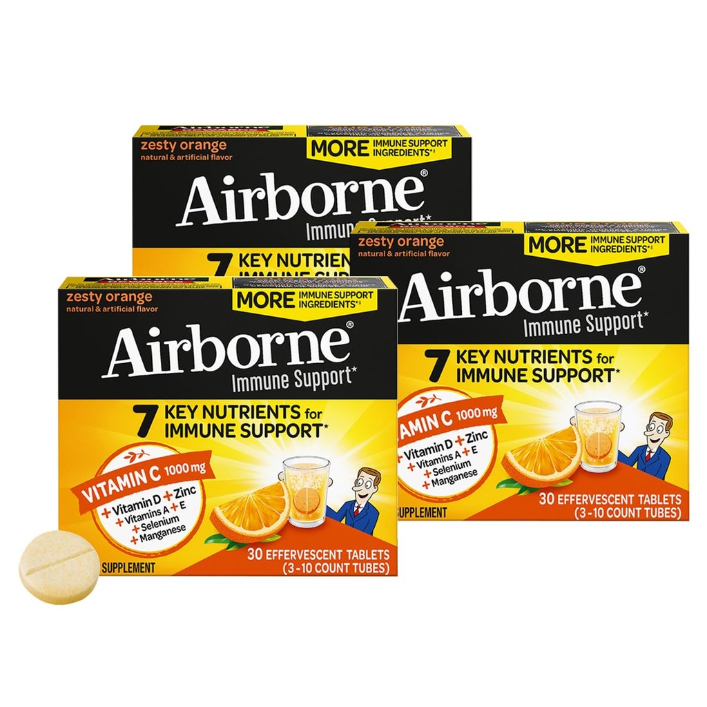 Airborne 100mg Vitamin C + Zinc Sugar Free Multivitamin Support Effervescent Fizzy Drink Tablets, Zesty Orange Flavor dengan Antioksidants yang kuat Vitamin A C & E, 30 Tablets (3 Pack)