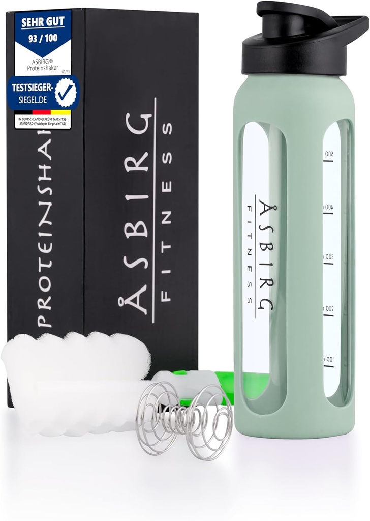 Fitness 134; 24 oz Glass Protein Shaker Bottle - BPA-Free, Leakproof Lid, Stainless Steel Mixing Ball & Silicone Sleeve