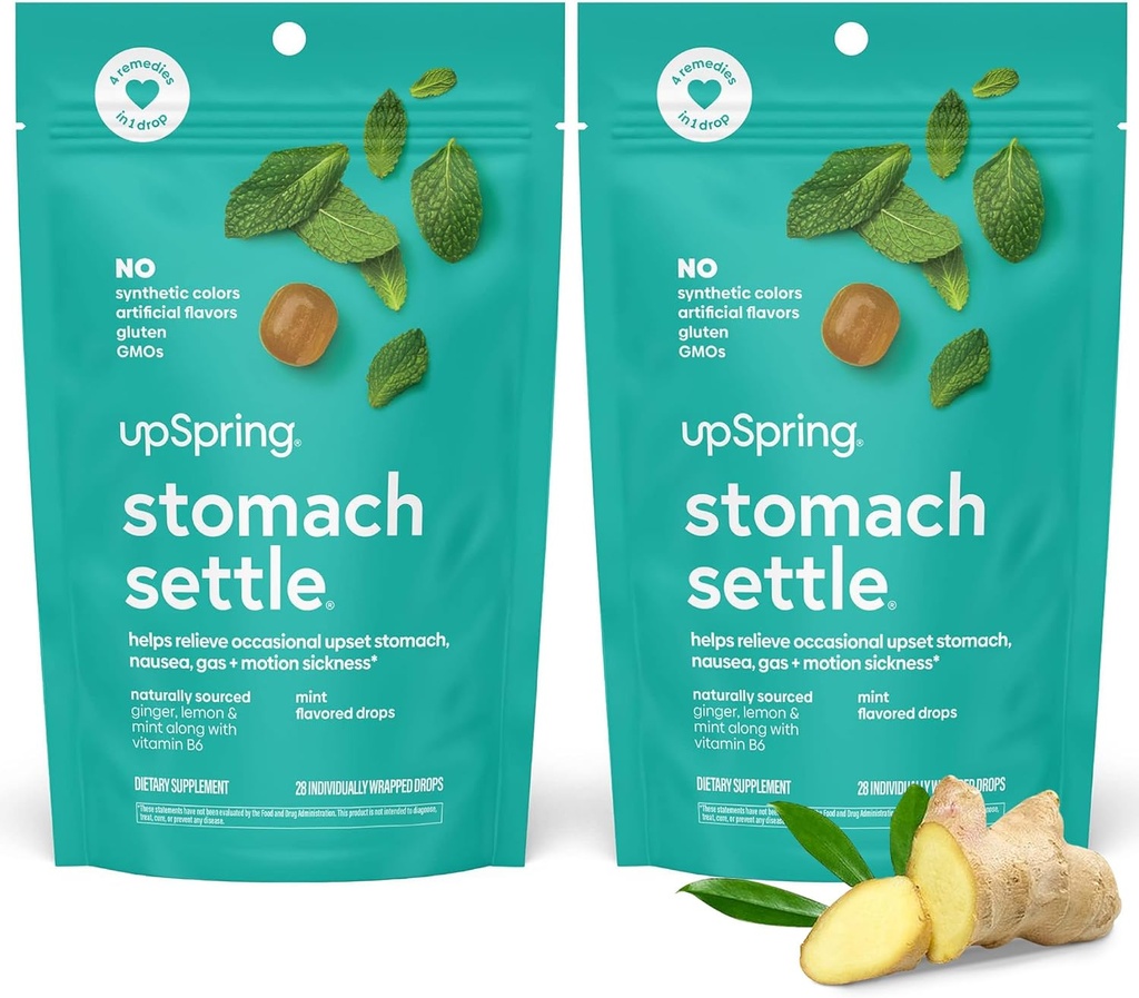 UpSpring Stomach Settles Drops for Occational Nausea Relief, Upset Stomach and Motion Sickness with Ginger, Lemon, Spearmint dan B6, Mint Flavor Drops, 56ct (Paket 2)