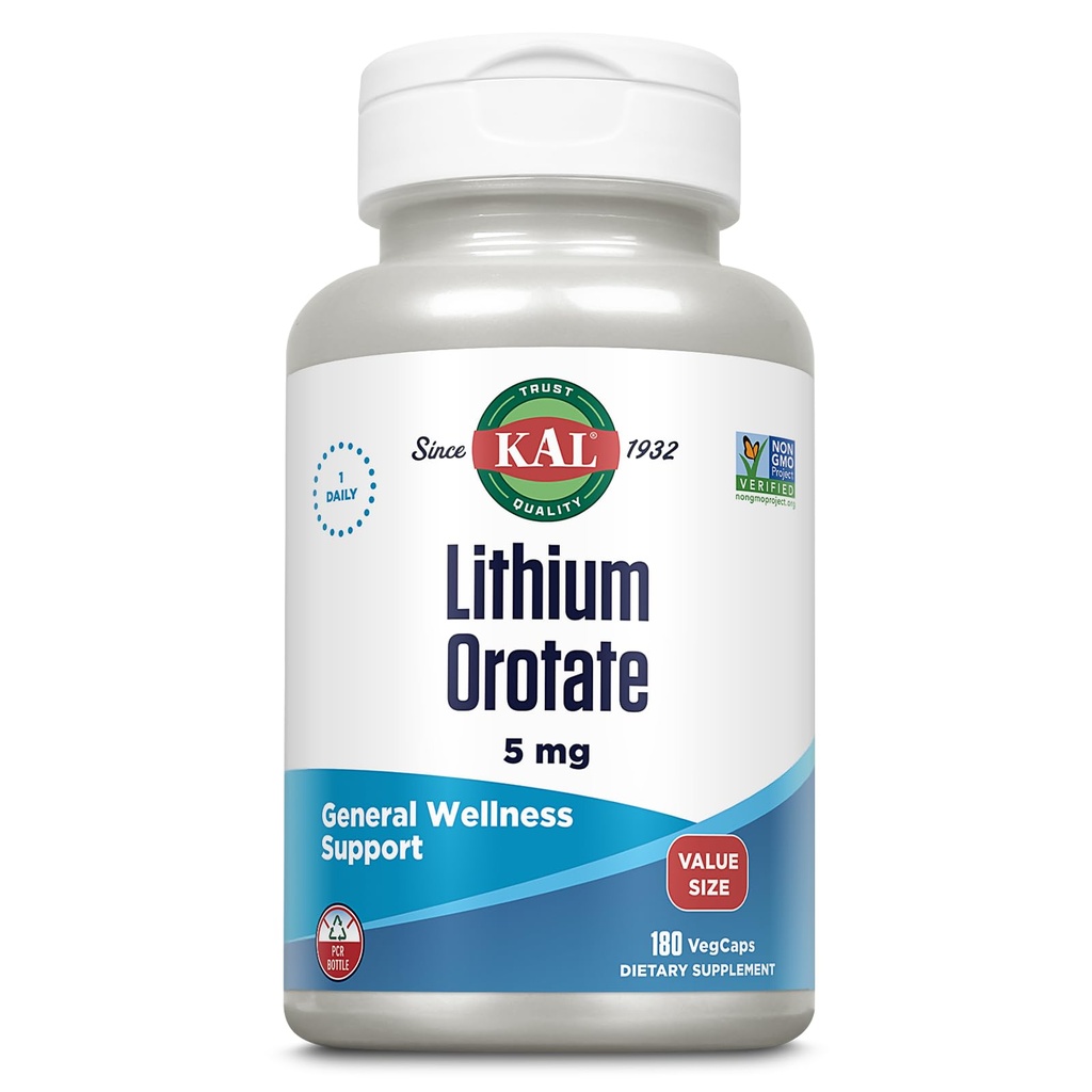 KAL Lithium Orotasi 5mg, Tambahan Lithium Dose Rendah untuk dukungan Jenderal Wellness Mood, Sangat Bioavable, Vegan, garansi 60-Hari, 180 Servis, 180 VevCaps