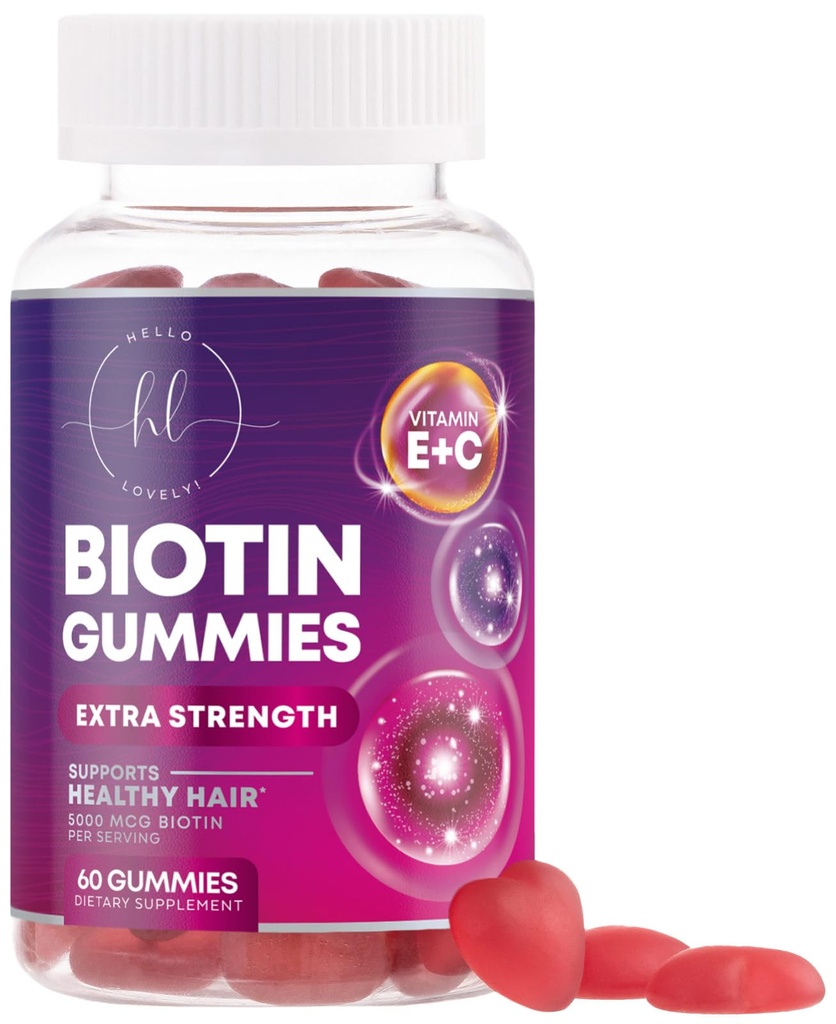 Vitamin Gummy dengan Biotin 5000 mcg - Pertumbuhan Rambut Dukungan dengan Vitamin E & C untuk Thicker, Lebih Kuat & Rambut Cantik - Rambut Skin dan Nails Vitamin Bagi Perempuan, Non-GMO, Gluten Bebas - 60 Gummies