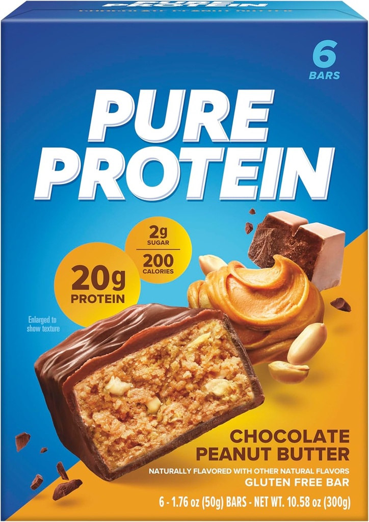 Murni Protein Bars, Protein Tinggi, Makanan Nutrisi untuk Mendukung Energi, Gula Rendah, Gluten Bebas, Chocolate Peanut Butter, 1.76 Oz (Paket 6)