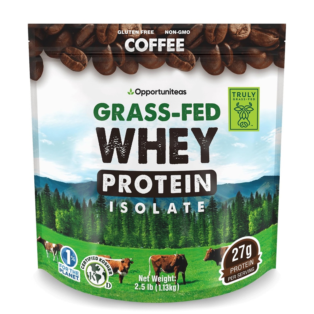 Opportuniteas Grass Fed Coffee Whey Protein Isolate Powder - 27g Protein powder Without Artificial Sweeteners, Hormone- Free Cows, Non GMO - 2.5lb