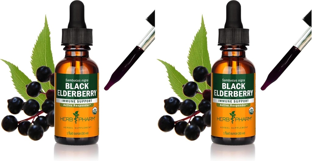 Herb Pharm Certified Organic Black Elderberry Liquid Extract for Imune System Dupport, Organic Cane Alkohol, 1 Oz (Paket 2)