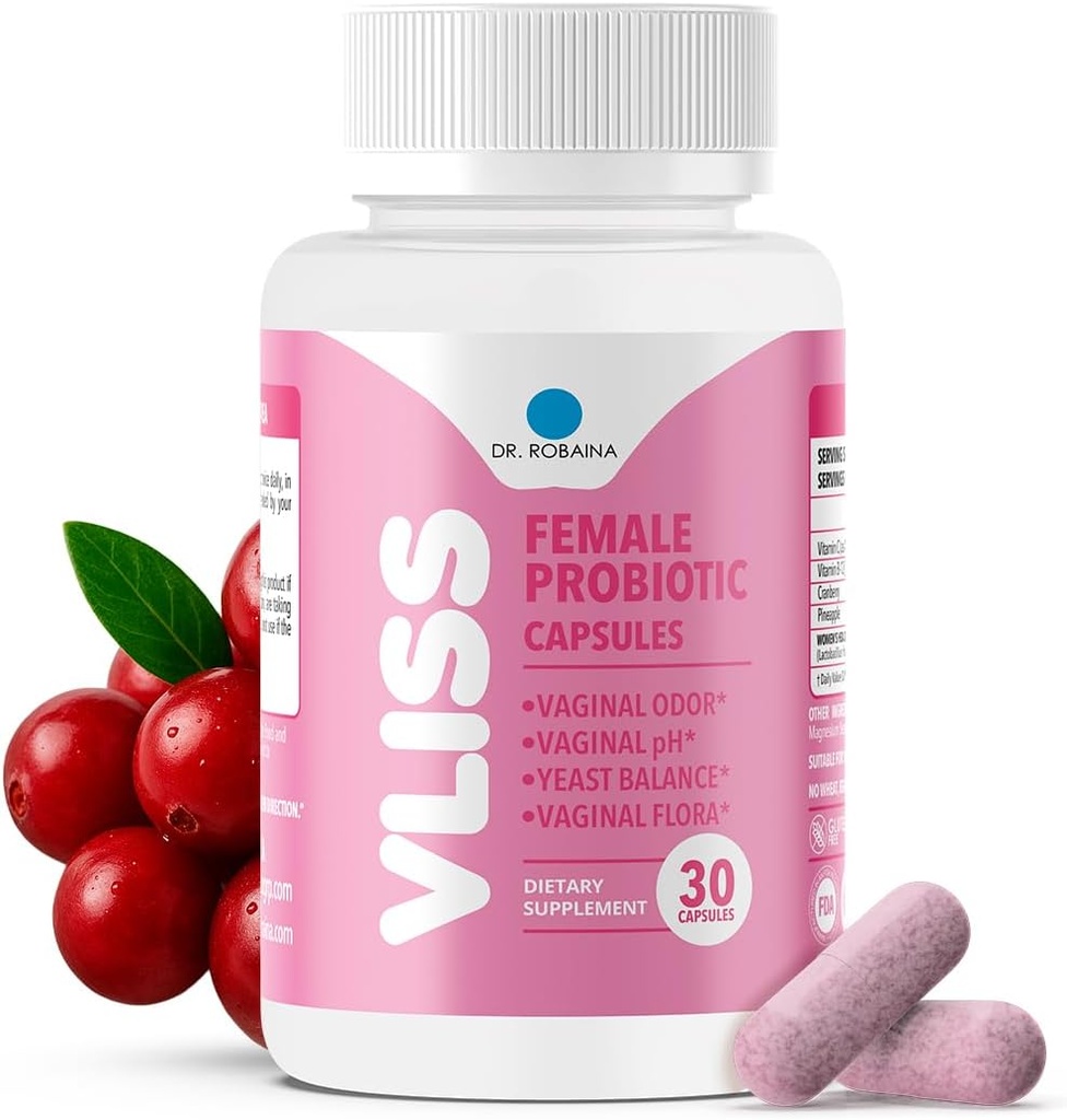 Dr. Robaina Women 's Daily Vaginal Probiotic + Cranberry & Pineapple, 5 B CFU Lacnoillus (Rhamnosus, rehabii, gasseri, crispatus), pH Balance & Odor Control, Vitamin C & B-12, 30 Vegan Capsules