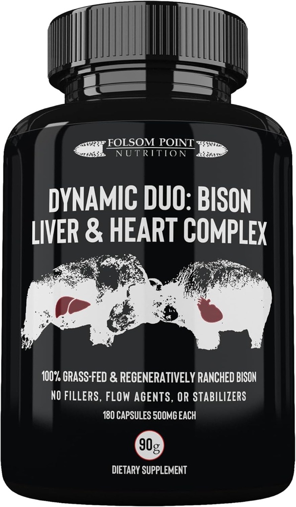 Dynamic Duo: 100% Grass- Fed Bison Liver & Heart Complex 12.4; Desicated Bison Liver and Heart Pill Suplement (Single Bottle): Made in USA