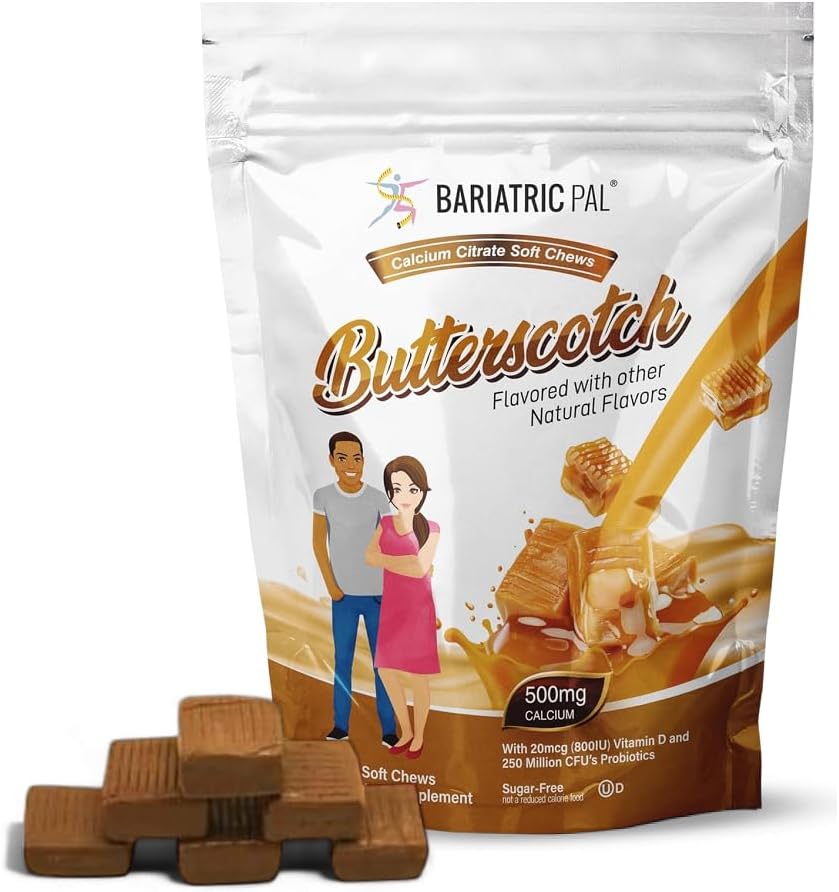 BarriatricPal Sugar- Free Calcium Citrate Soft Chews 124; 500mg with Vitamin D & Progories 124; Butterscotch 124; 90 Count (1 Pasokan Bulan)