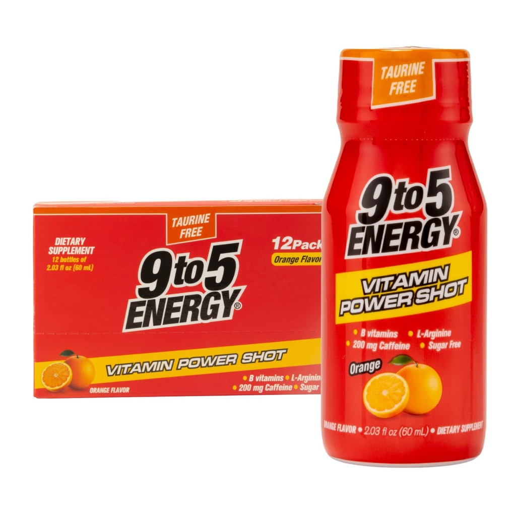 Vitamin Power Shot - Orange Flavor, Taurine- Free, Sugar- Free, 12 Pack (2.03 lf oz Setiap) - Boost Energy, Focus, dan Vitalitas dengan B Vitamin dan L- Arginine