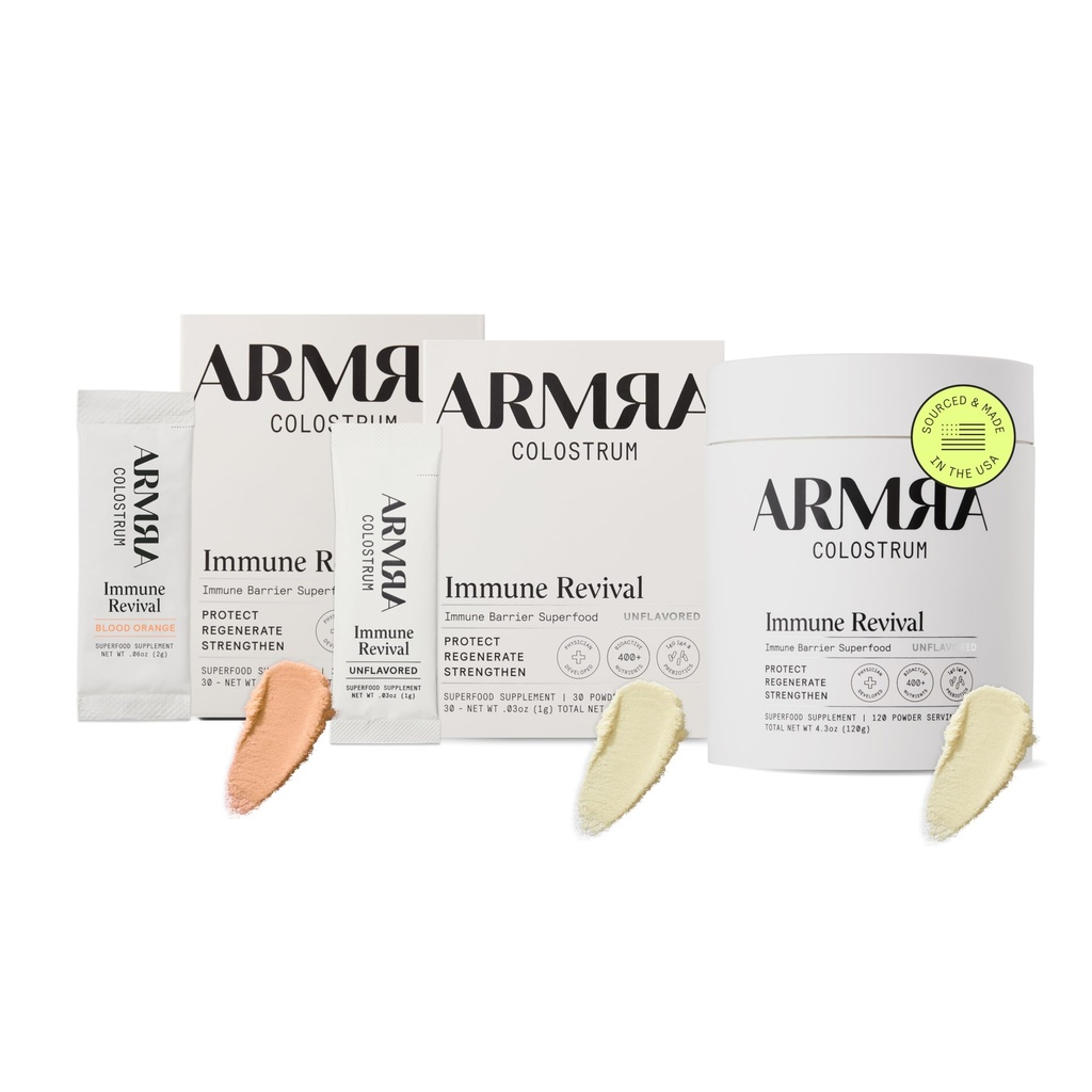 ARMRA Colostrum ™ Premium Powder, Grass Fed, Gut Health Bloating Immunity Skin & Hair, Berisi 400 + Bioactive Nutitients, Keto, Gluten & Fat Free (Blood Orange, Unflashbored Bundle 124; 180 Servings)