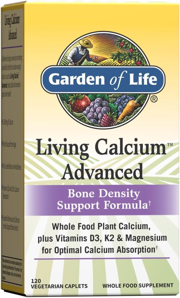 Garden of Life Calcium Advanced Bone Density Dukung Formula, 1.000mg Whole Food Plant Calcium Plus Vitamin D3, K1 dan Magnesium for Absorpsi, 120 Vegetarian Caplets