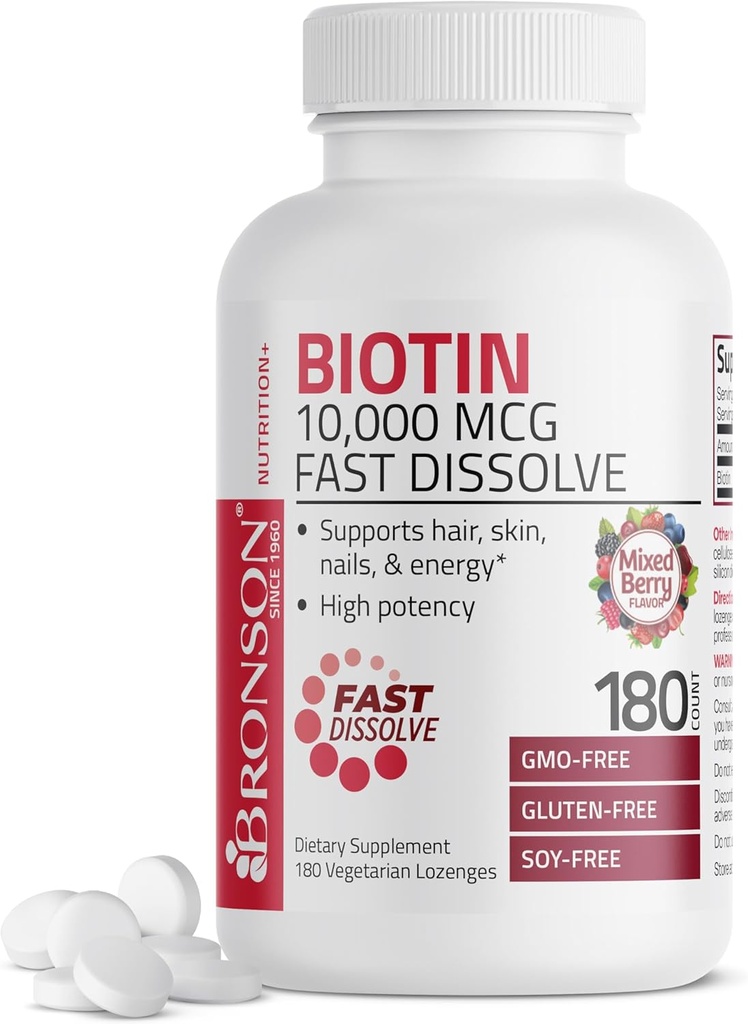 Bronson Biotin 10,000 MCG Lozenges Fast Dissolve High Potency Support Hair, Skin & Nails Mixed Berry Flavor - Non-GMO, 180 Vegetarian Lozenges