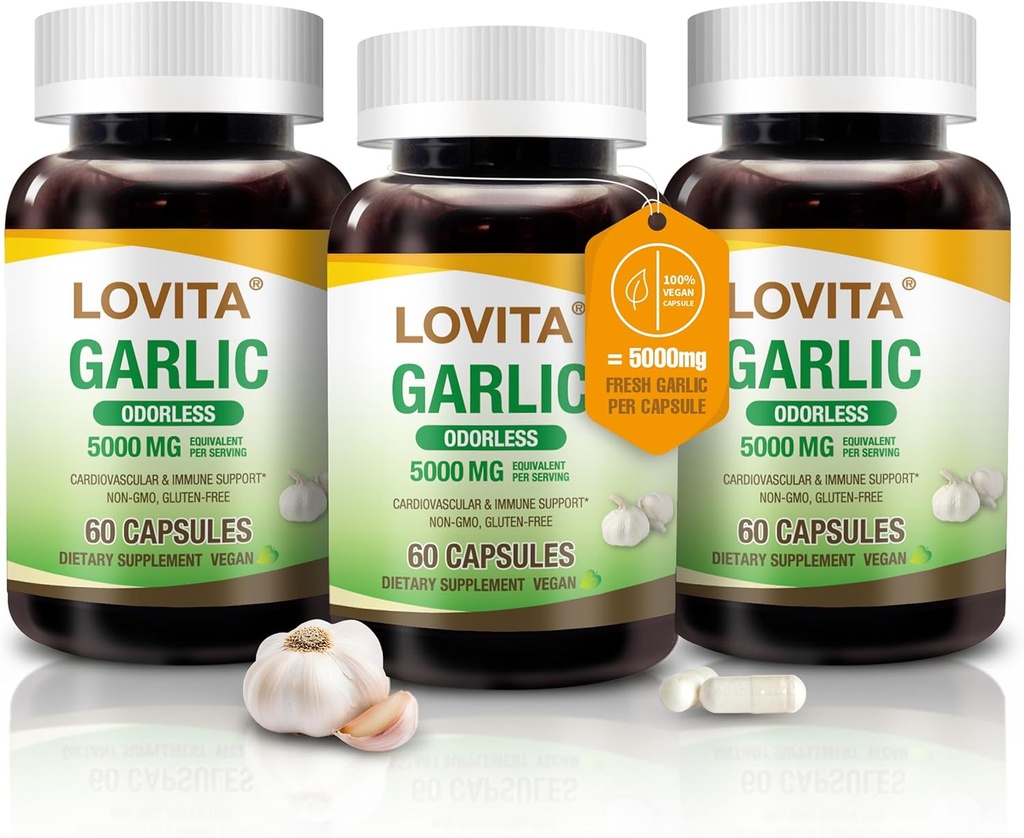 Lovita Odorless Bawang putih Capsules, 5000mg Fresh Requality, 1.25% Ekstrak Allitin, Supports Heart, Blood Pressure, Cholesterol & Ammune System, Non-GMO, Gluten- Free, 180 Vegan Capsules