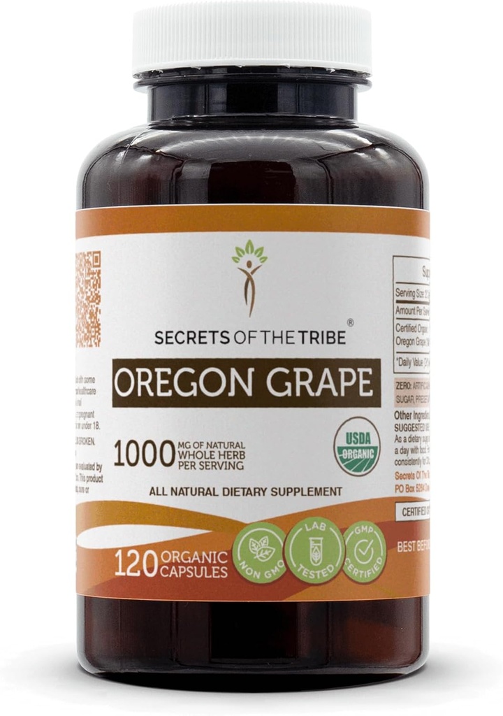Rahasia Suku Oregon Grape USDA Kapsul Organik 124; Katup Vegetarian Tersertifikat, Suplemen Diet Herbal 124; Mahonia akufolium Dry Root (120 Count)