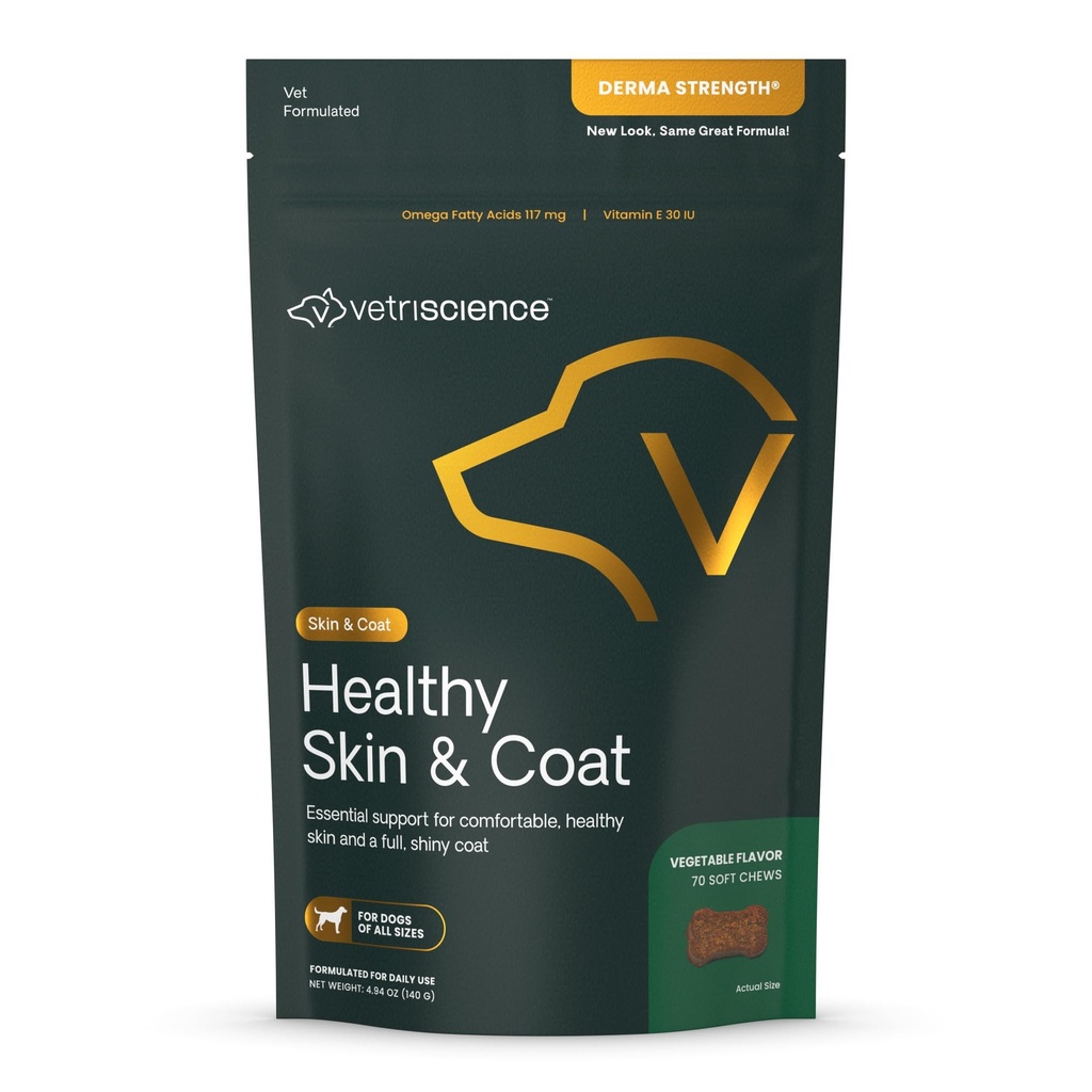VetriScience Heally Skin & Coat Chews, Derma Power Omega-3 Salmon Oil Suplement for Dogs, Omega Skin dan Coat Chews, Skin Health, Coat Growth, Fish Oil and Vitamin E, Veggie, 70 Count