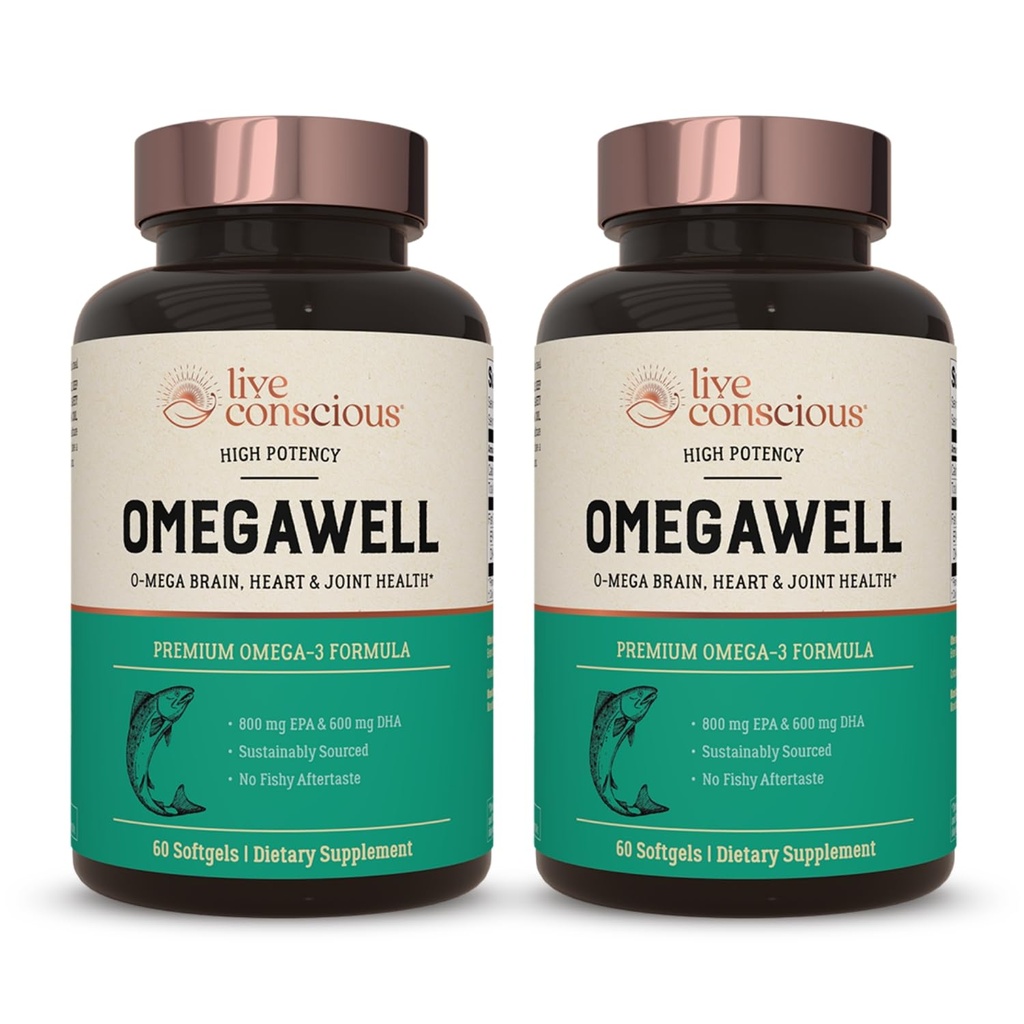 Live Conscious OmegaWell Fish Oil: Jantung, Otak, dan Gabungan Dukungan 124; 800 mg EPA 600 mg DHA - Entertaic- Dilapisi, Disediakan - Mudah untuk Swallow 120 Count (2- Pack)