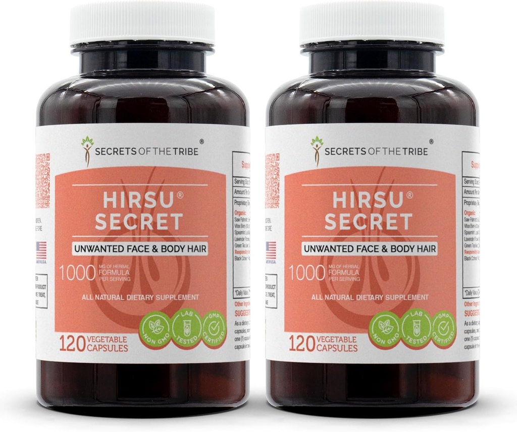 Hirsu Secret 120 Capsules (2 pcs.), 1000 mg, Saw Palmetto, Black Cohosh, Vitex, Spearmint, Lavender, Green Tea. Rambut Wajah & Tubuh (2x120 Kapsul)