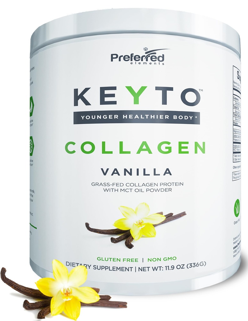 Kemo Collagen Protein Powder dengan MCT Oil - Keto dan Paleo Friendly Grass Fed dan Patified Raised Hydrolyzed Collagen Peptides - cocok dengan Low Carb Diet dan Keto Snacks - KEYTO Vanilla Flavor
