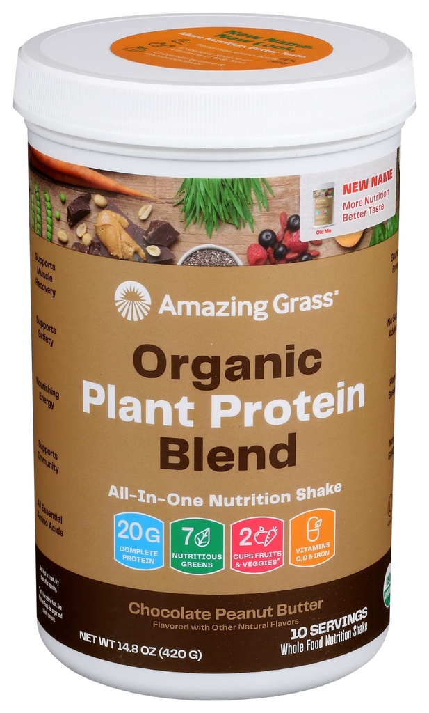 Amazing Grass Organic Plant Protein Blend: Vegan Protein Powder, New Protein Superfood Formula, All-InOne Nutrition Shake dengan Root Beet, Chocolate Peanut Butter, 10 Pelayan, 14.8 Ounce (Paket 1)