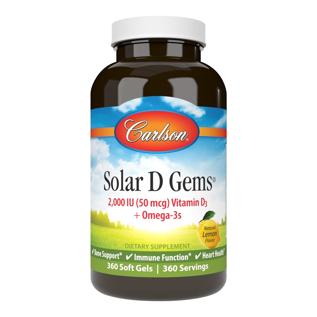 Carlson - Solar D Gems, Vitamin D3 dan Omega-3 Suplemen, 2000 IU (50 mcg) Vitamin D3, 115 mg Omega- 3s EPA dan DHA Suplemen, Wild Caught, Desurinably Softgels, Lemon, 360 Softgels