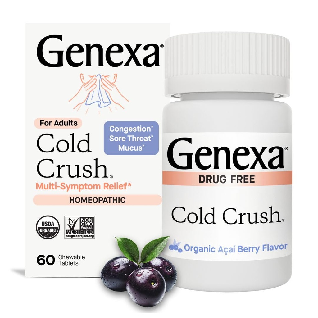Genexa Cold Crush 124; Multi- Symptom Cough & Cold Relief untuk Dewasa 124; Delicious Organic Acai Berry Flavor; Certified Organic & None-GMO 124; Homedy Remedy Made Clean 124; 60 Chelable Tablets
