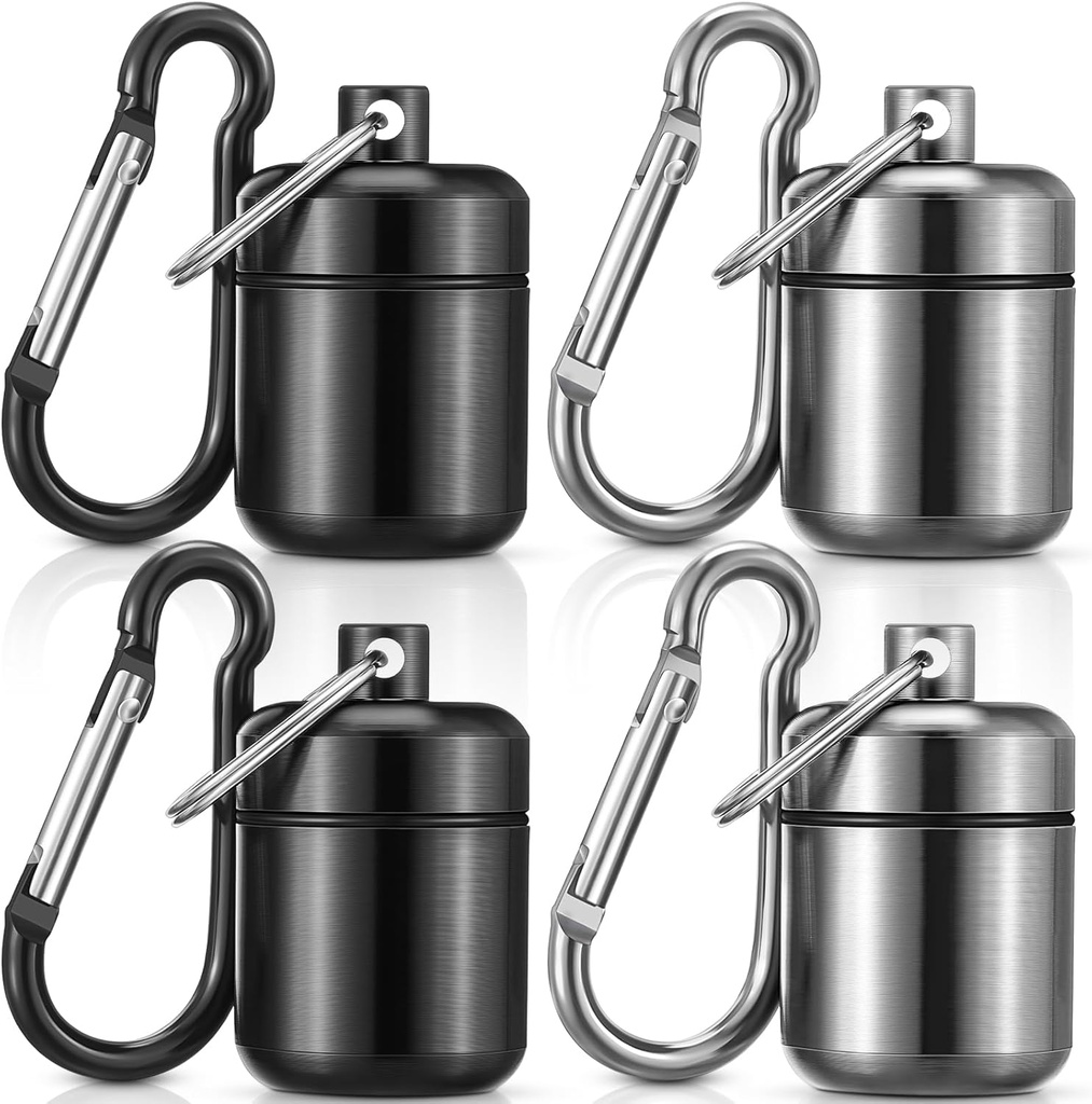 Hicarer 4 Pack Ear Plug Carrying Case Portable Pill Case Waterproof Metal Small Pill Carrier for Earplugs and Jewelry Holder (Black, Gray)